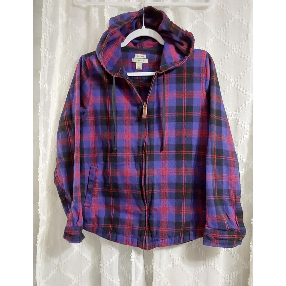 LL Bean Womens Purple Red Plaid Flannel Full Zip Hooded Shirt Jacket Small